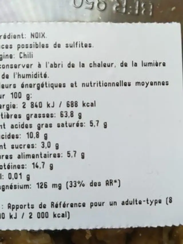 Cerneaux de noix ingredients label