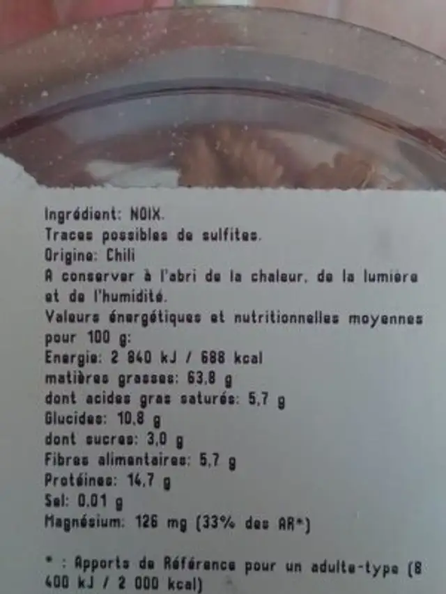 Cerneaux de noix ingredients label