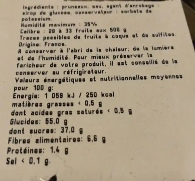 Spécialité au pruneau ingredients label