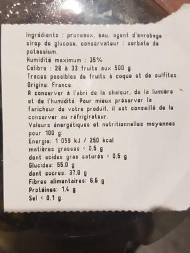 Spécialité au pruneau ingredients label