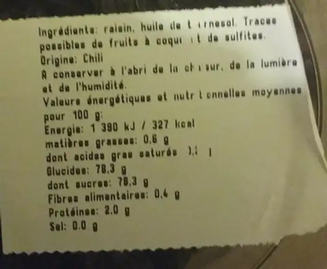 Raisins secs Thompson dumbo ingredients label