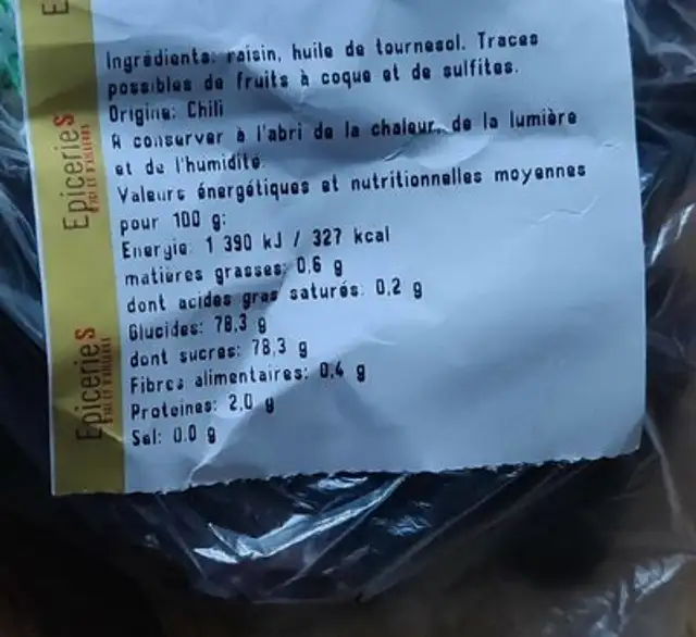 Raisin secs thompson jumbo ingredients label