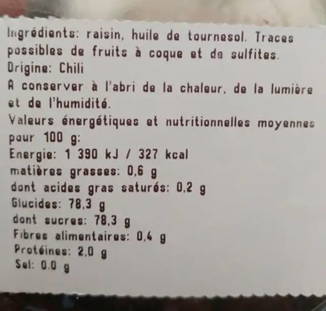 Raisins sec Thompson Jumbo ingredients label