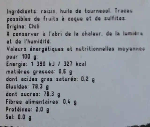 Raisins secs Thompson jumbo ingredients label