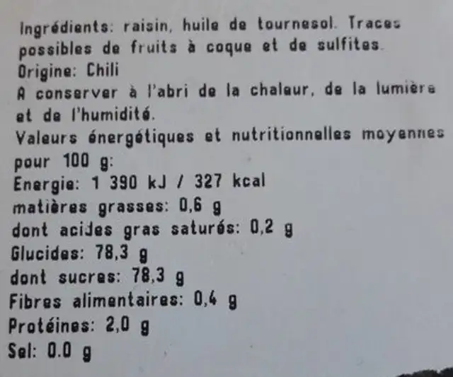 Raisins secs Thompson jumbo nutrition facts table