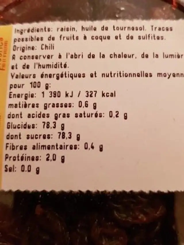 Raisins secs Thompson Jumbo ingredients label
