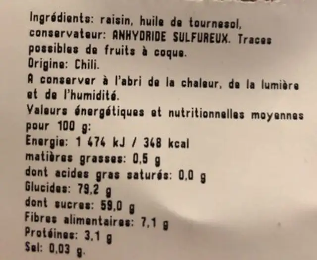 Raisins secs Red Crimson Jumbo ingredients label