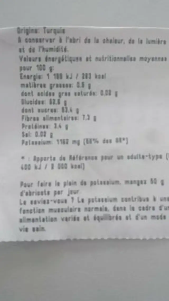 Abricots secs naturels ingredients label