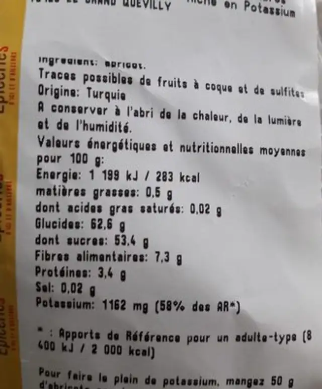 Abricots secs naturels ingredients label