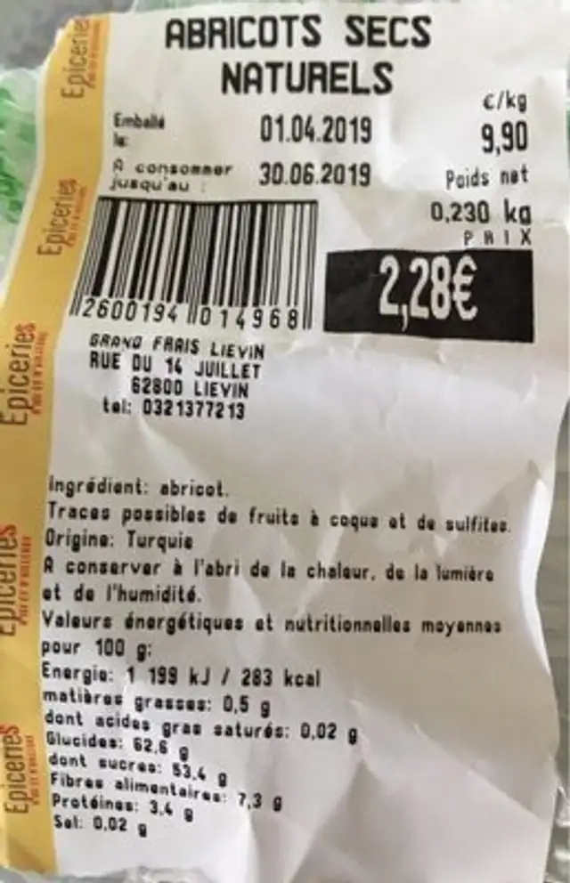 Abricot sec naturel ingredients label