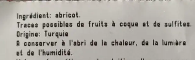 Abricots secs naturels ingredients label