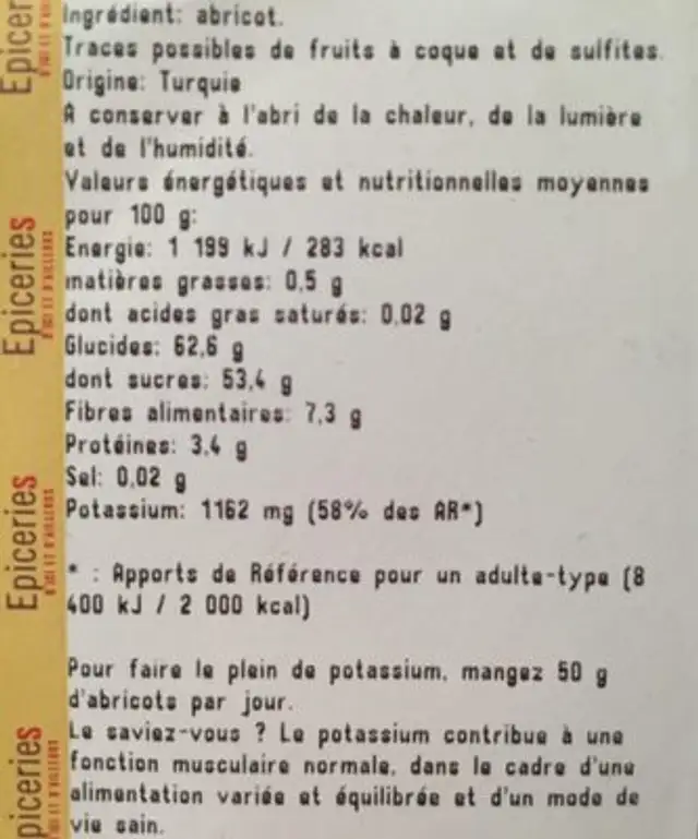 Abricots sec naturels ingredients label