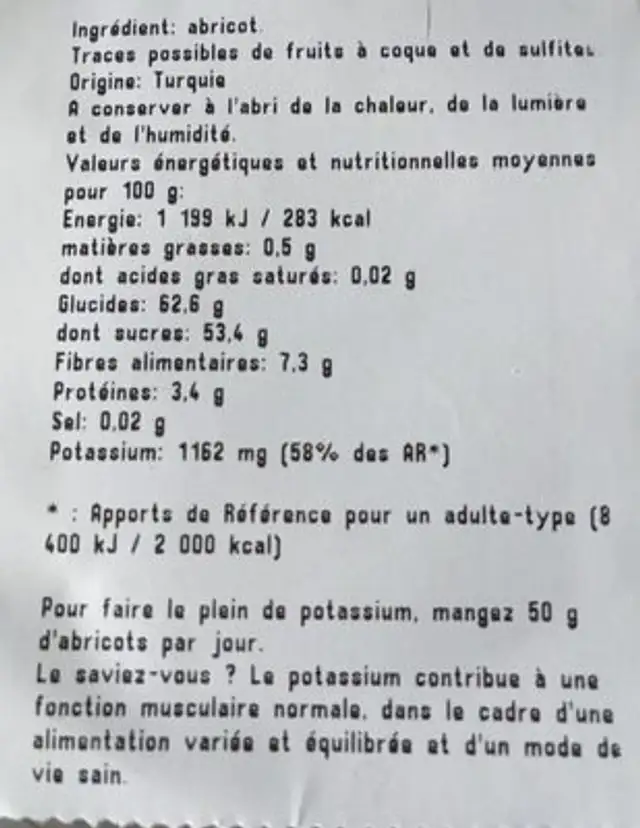 Abricots secs narurels ingredients label