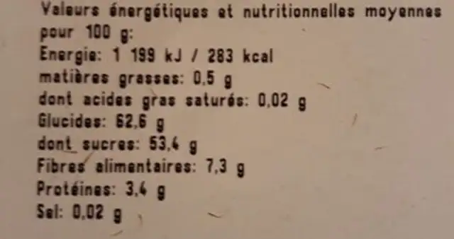 Abricots secs narurels nutrition facts table