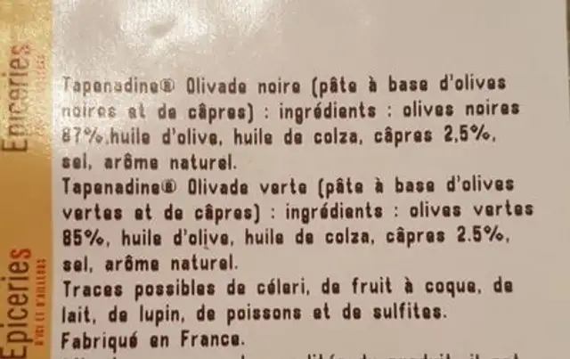 Tapenadine olives vertes ingredients label