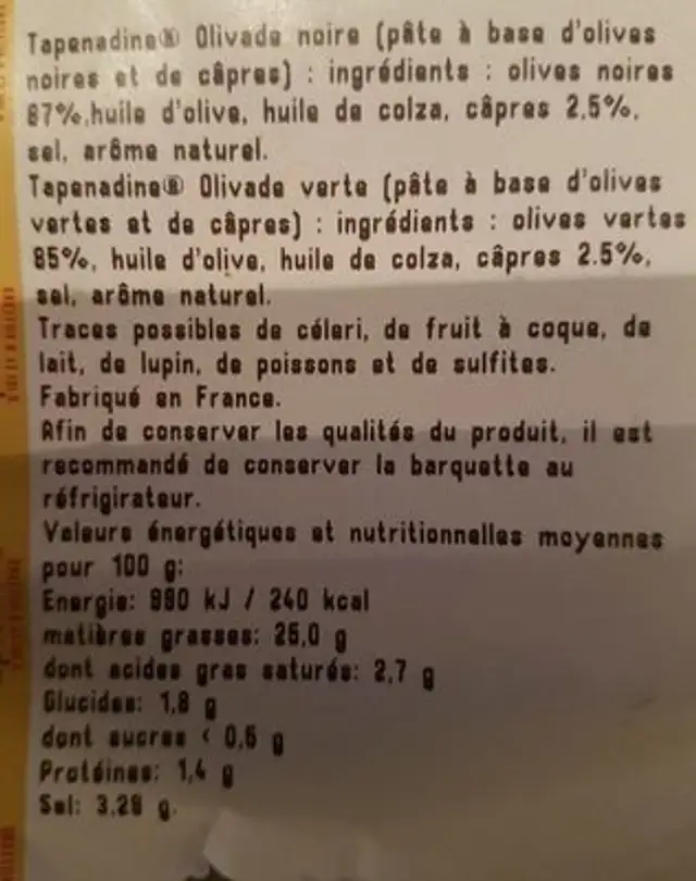 Tapenadine olives vertes nutrition facts table