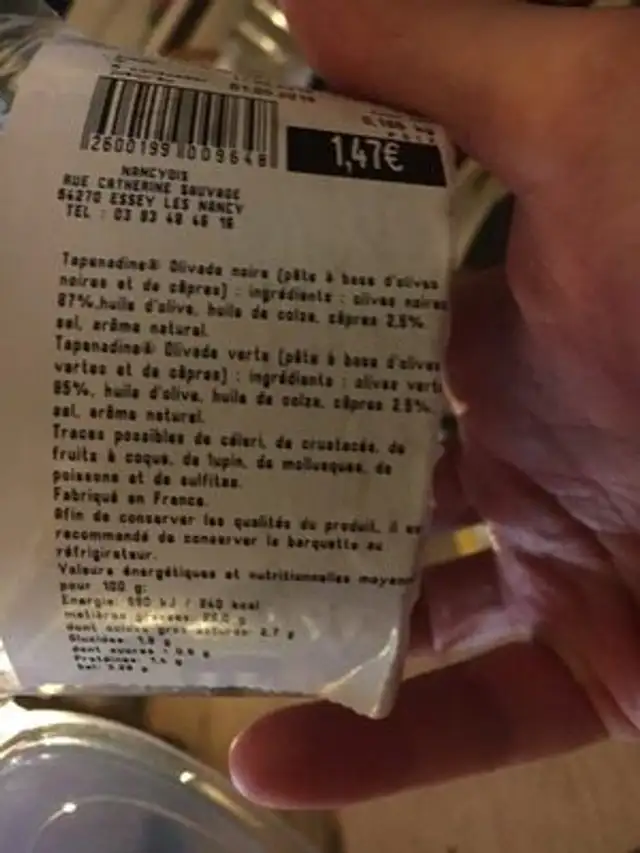 Tapenadines olivades noire et vertr ingredients label