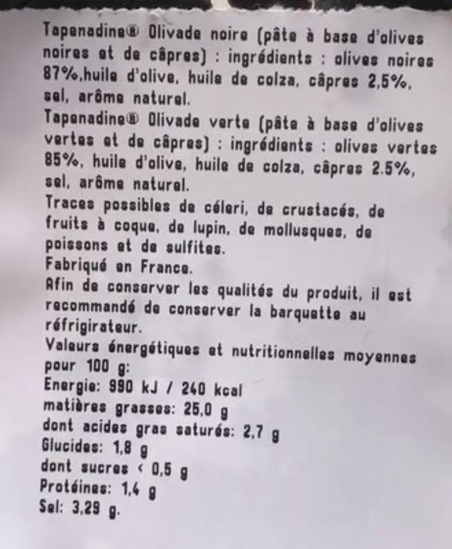 Olivades noire et verte ingredients label