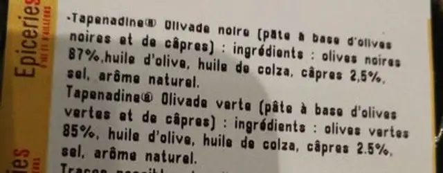 Tapenadine olivade noire ingredients label