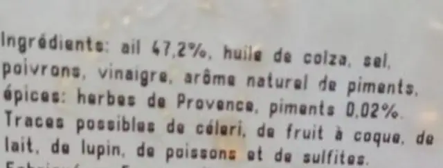 Ail aux piments ingredients label