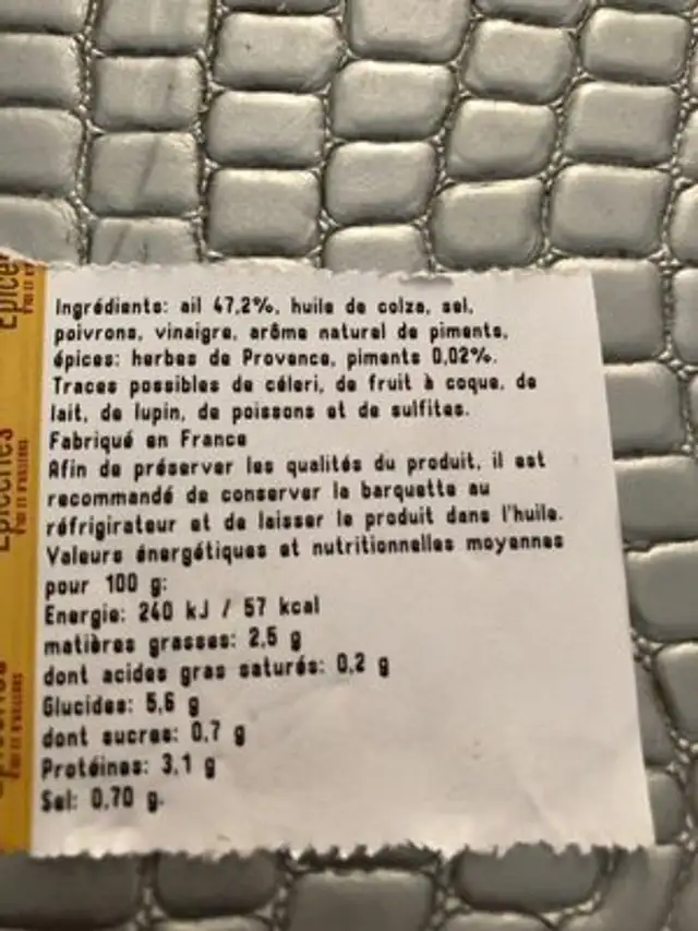 Ail au piments ingredients label