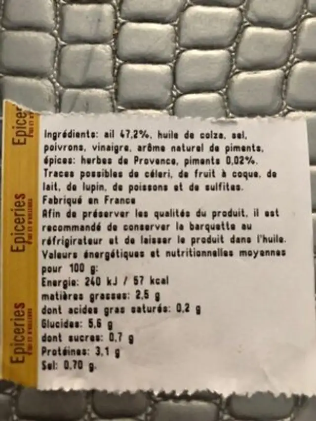 Ail au piments nutrition facts table