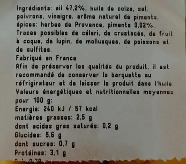 Ail aux piments ingredients label