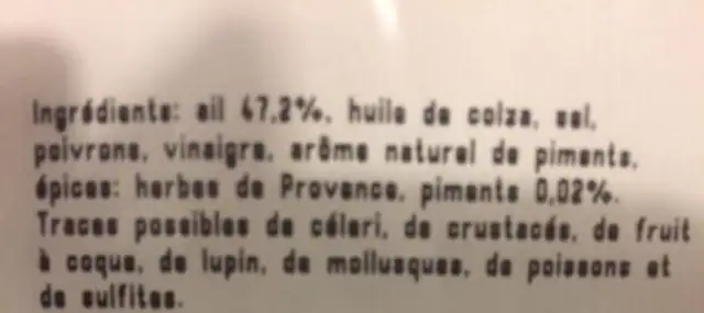 Ail aux piments ingredients label