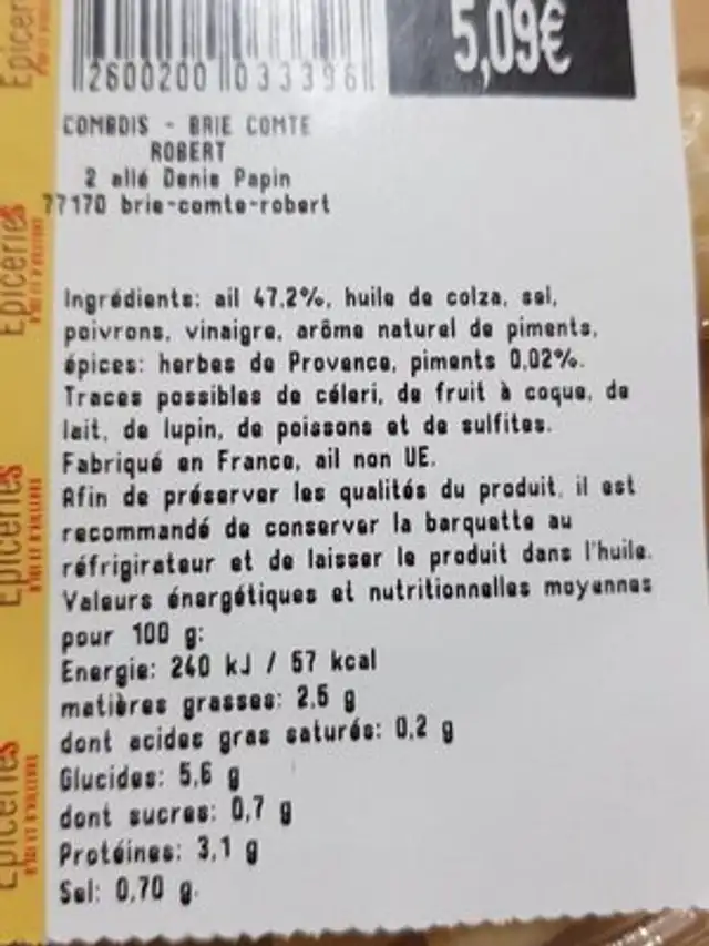 Ail aux piments ingredients label