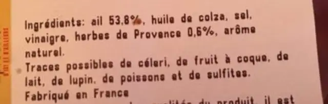 Ail aux herbes de provence ingredients label