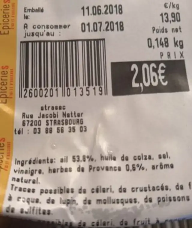 Ail aux herbes de Provence ingredients label