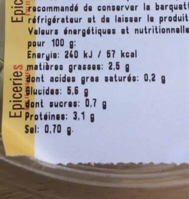 Ail aux herbes de Provence nutrition facts table