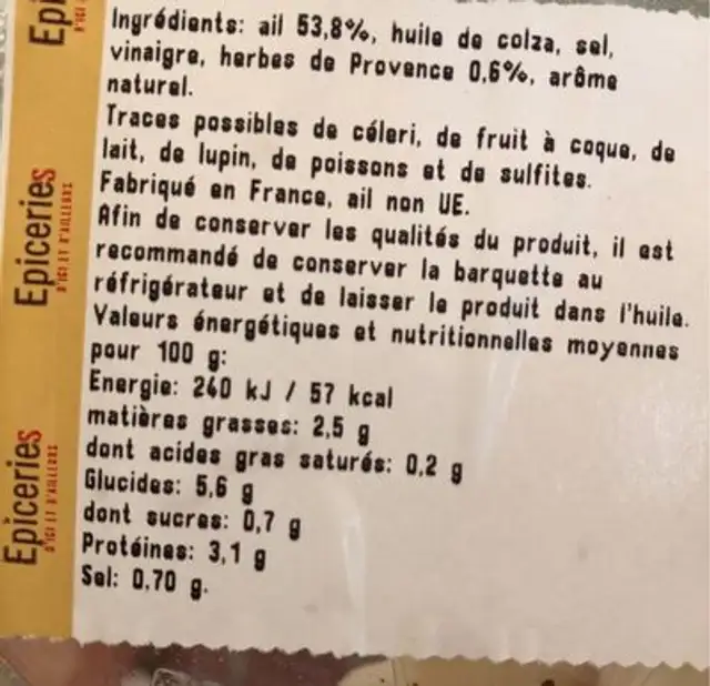 Ail aux herbes de provence ingredients label