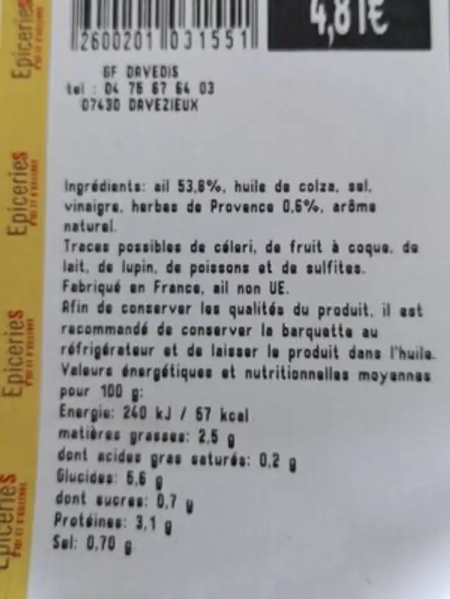 Ail aux herbes de Provence ingredients label
