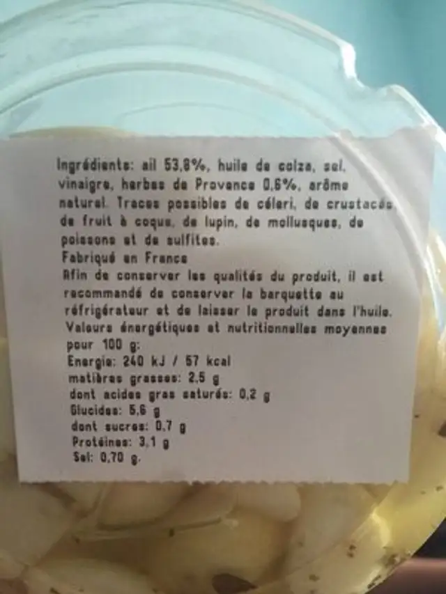 Ail aux herbes de provence ingredients label
