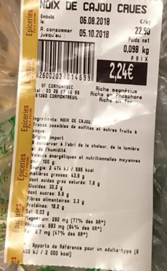 Noix de cajou crues ingredients label