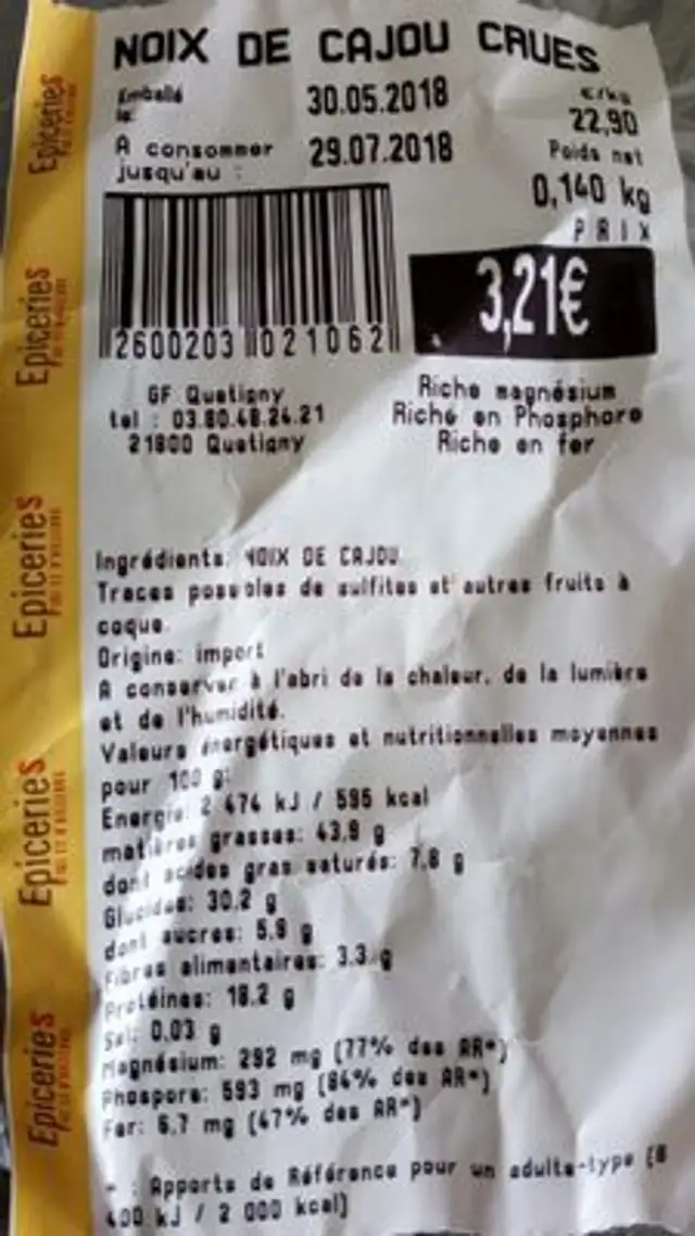 Noix de cajou ingredients label