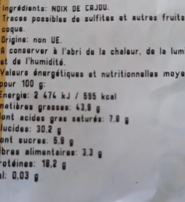 Noix de cajou crues ingredients label