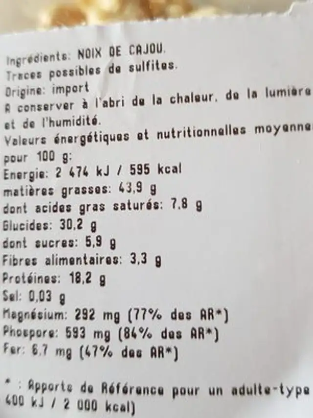 Noix de Cajou crues ingredients label