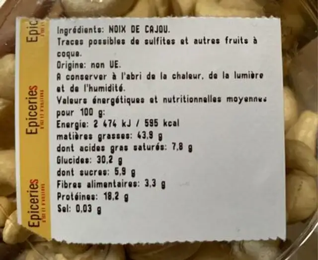 Noix de Cajou crues ingredients label