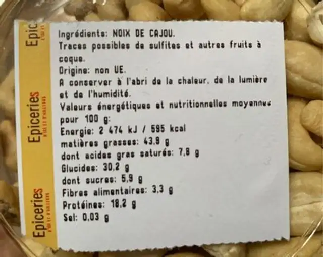 Noix de Cajou crues nutrition facts table