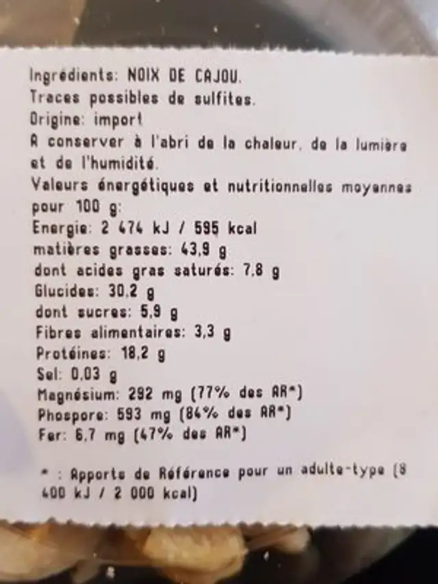 Noix de cajou crues ingredients label