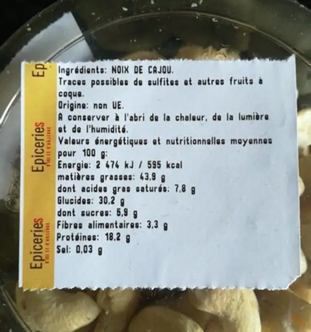Noix de cajou crues nutrition facts table