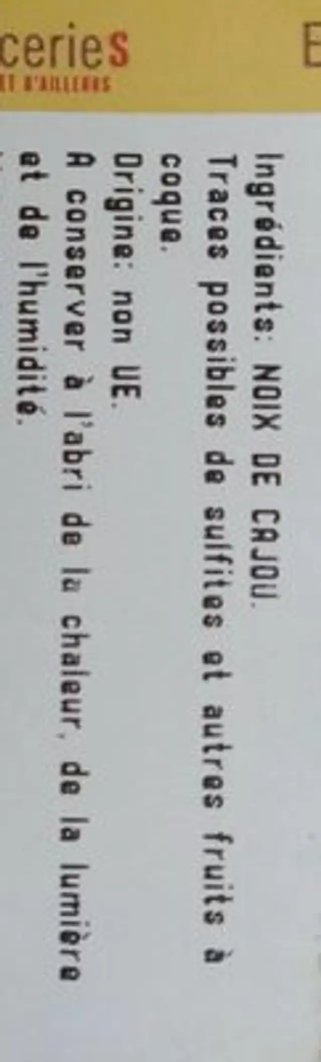 Noix de cajou crues ingredients label