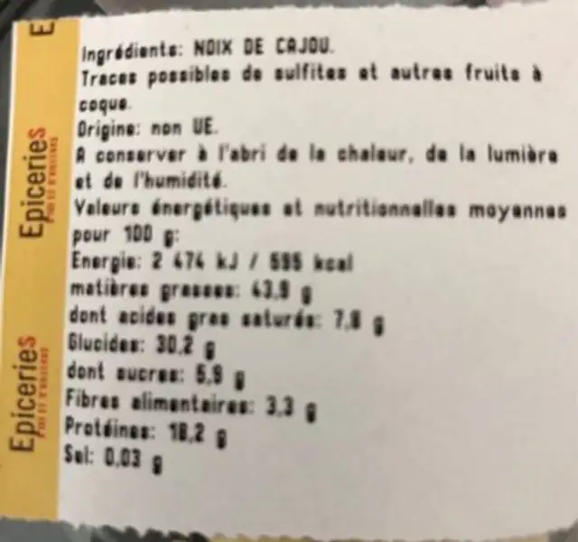 Noix de cajou ingredients label