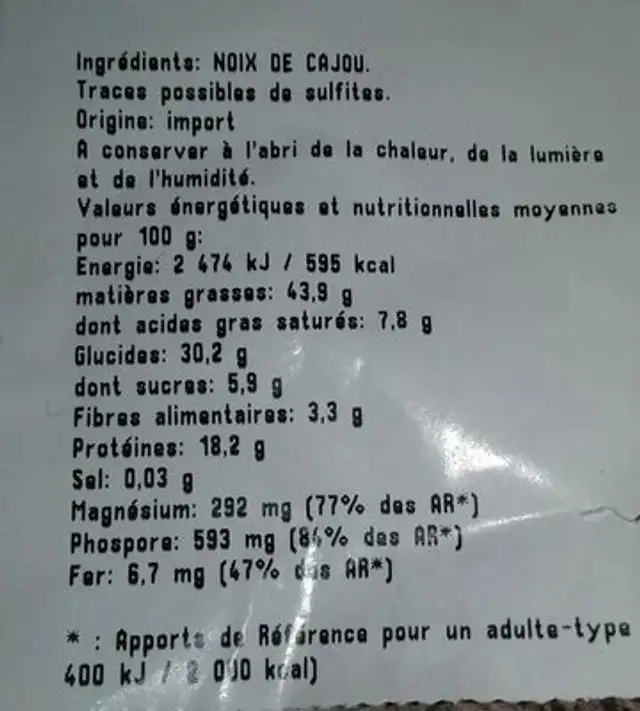 Noix de cajou crues ingredients label