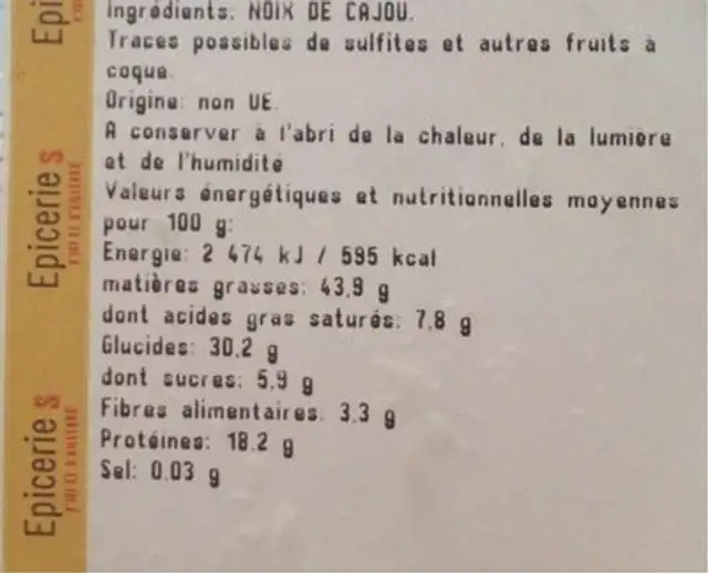 Noix de cajou crues nutrition facts table