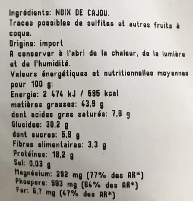 Noix de cajou crues ingredients label
