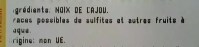 Noix de cajou crues ingredients label