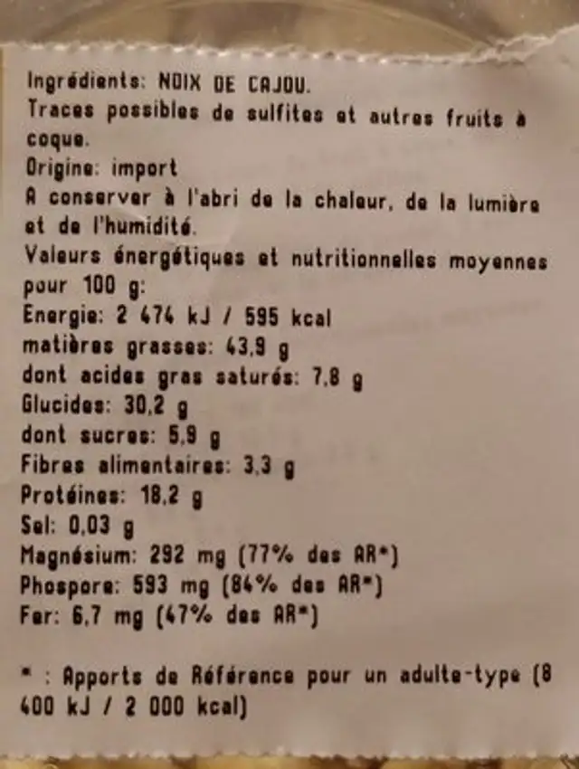 Noix de cajou nutrition facts table